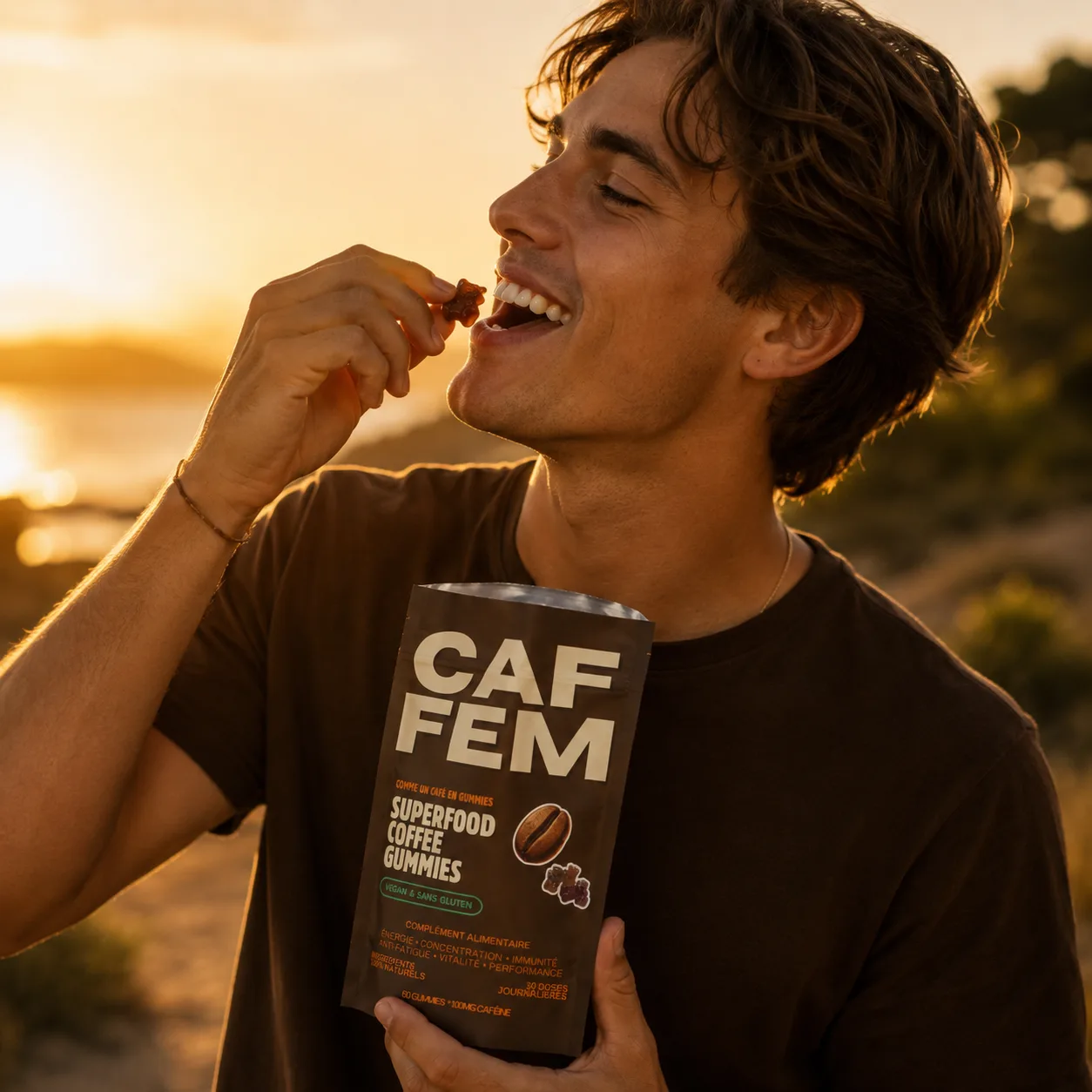 Homme dégustant les gummies Caffem au coucher du soleil
